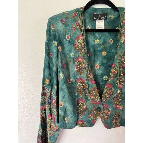 Carole Little Vintage Green Floral Cropped Tasseled Blouse Size 8P - Picture 3 of 8